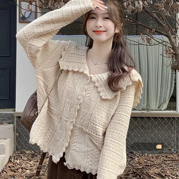 

Chic Knitted Cardigan Women's Spring Autumn New Sle Doll Collar Color Jaet Korean Sle Ele Top Ci Walk