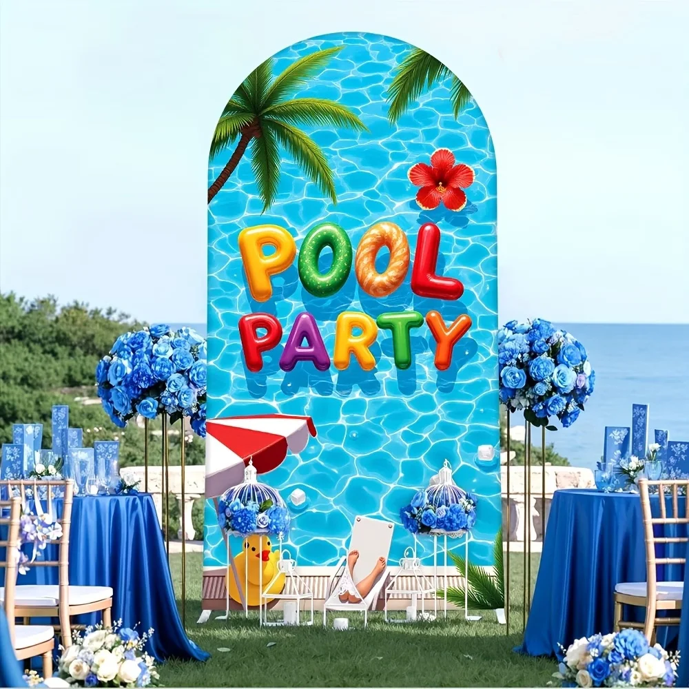 

LS Custom 2-sided Pool Party Cake Dessert Table Background Decorations Summer Swimming Palm Trees Backdrop Arch Cover Shoot