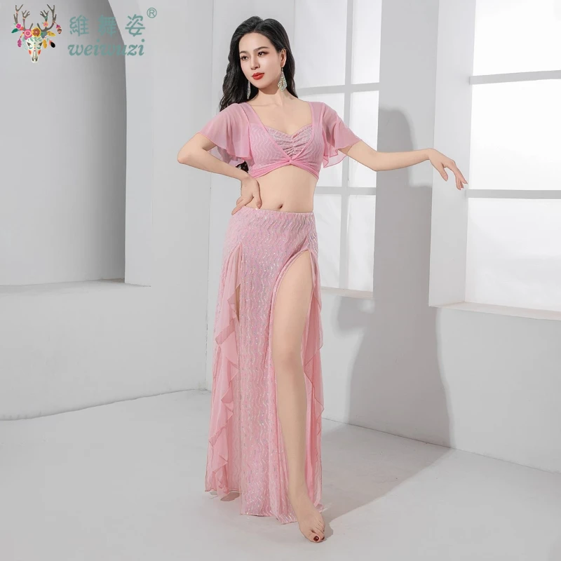 Costume de danseuse du ventre élégant pour femmes, haut à manches Lotus + jupe longue à paillettes, vêtements d'entraînement de danse orientale de luxe légers pour adultes