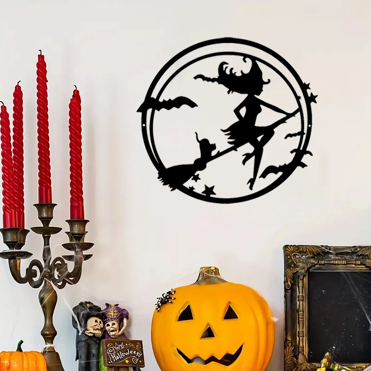 Metal Wall Decoration: Mesmerizing Halloween Witch, Cat, Bat, and Castle Pattern Frameless Pendant.