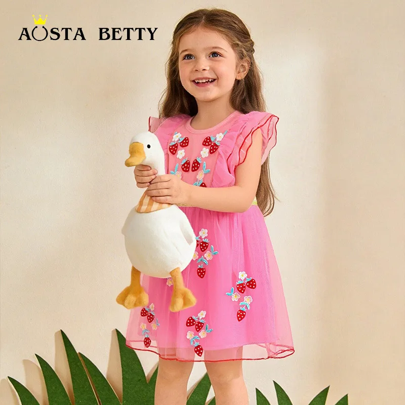 

New Summer Dress for Girls, Sleeveless Dress with Strawberry Embroidery, Children's Mesh Dress