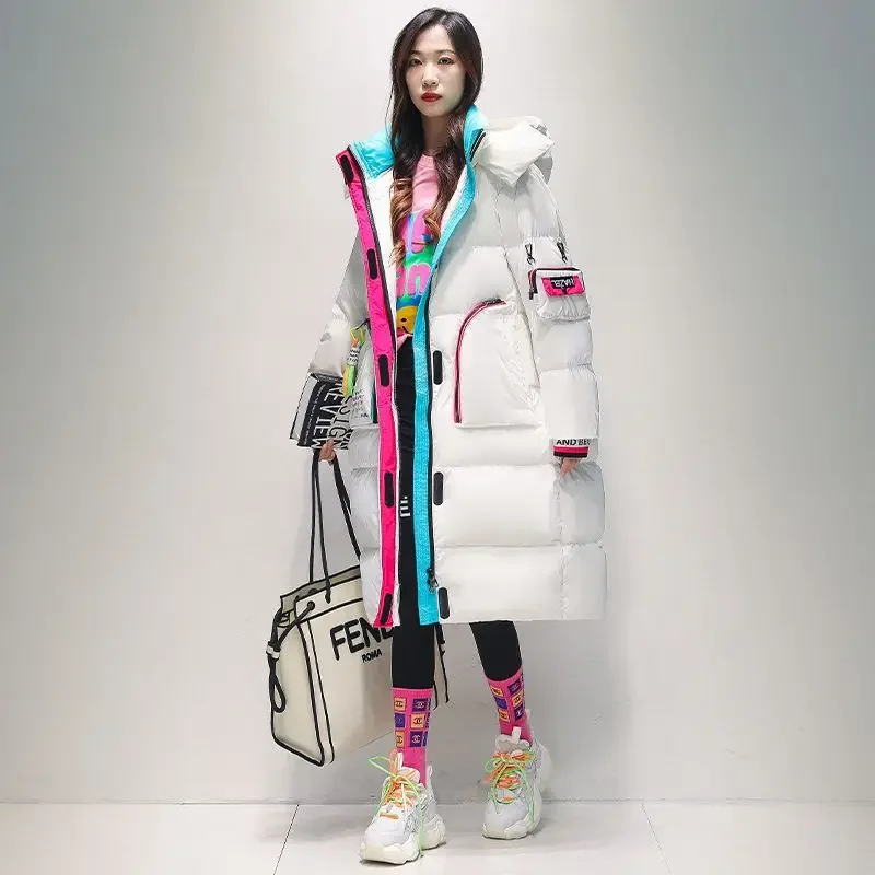 2025 nouvelles femmes blanc canard doudoune manteau d'hiver femme Parkas visage brillant au-dessus du genou vêtements d'extérieur longue motif à capuche pardessus