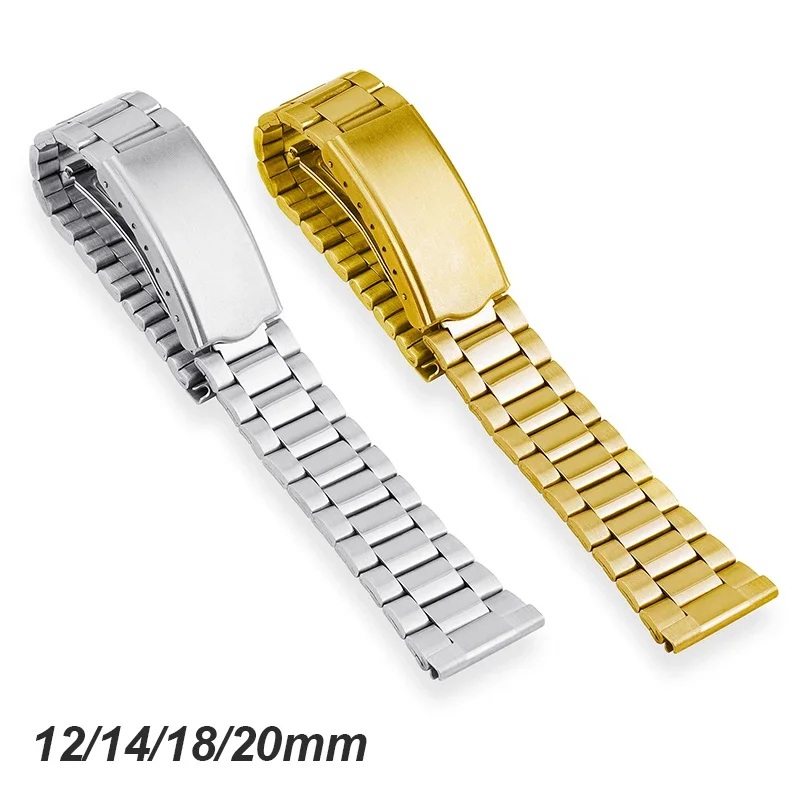 Universal Stainless Steel Bracelet 12 14 20mm 18mm Metal Watchband Flat End Silver Gold Wristband Women Folding Buckle Strap