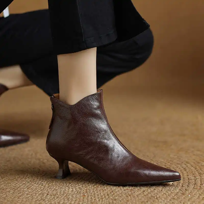 2026 Spring Vintage Pointed Toe Women Ankle Boots Fashion Thick Heel Shoes Concise Short Botas De Mujer