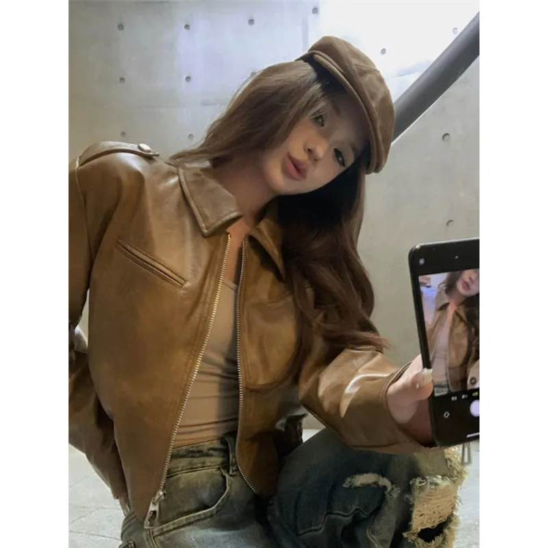 American Retro Motorcycle Jacket Top Women's Spring and Autumn 2025 New Short Coffee Colored Leather Coat Female Clothing