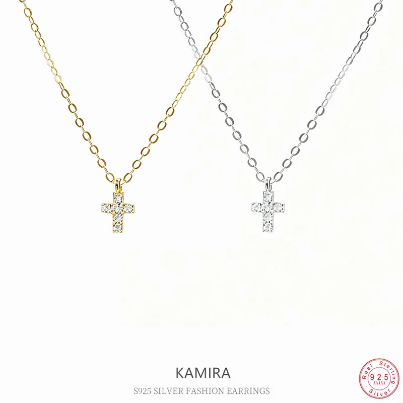 KAMIRA Real 925 Sterling Silver Small Cross Zircon Pendant Necklace for Women Daily Fashion Collarbone Chain Jewelry Accessories