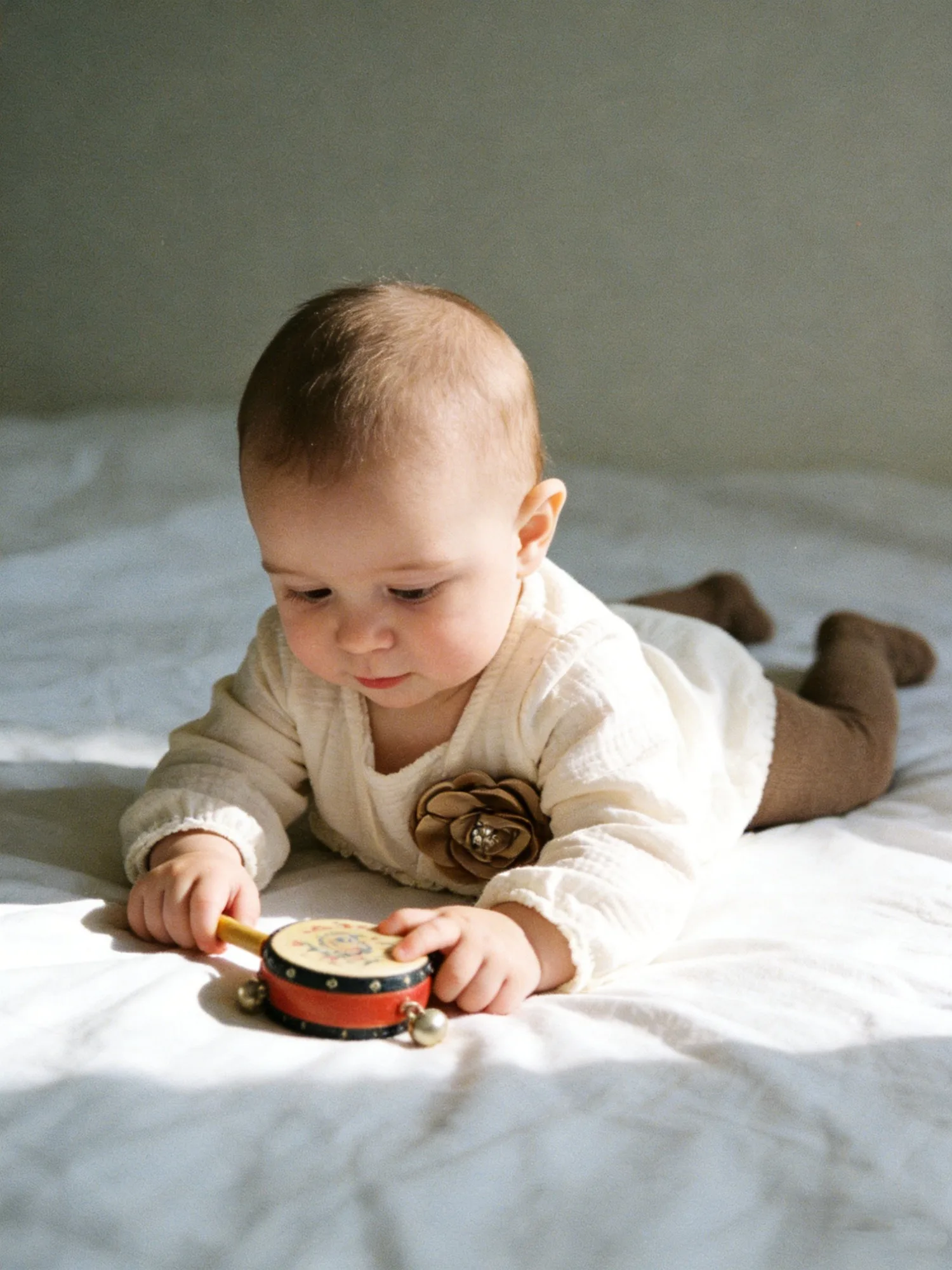 Baby Girl Cream Romper & Tights Set - Lace + Flower Detail | Everyday Dressy Outfit