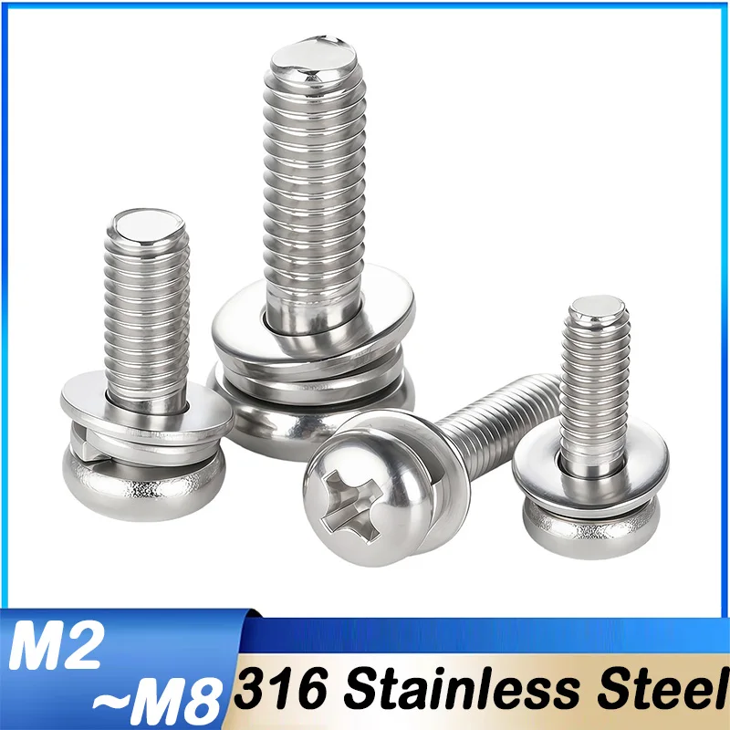 M2 M2.5 M3 M4 M5 M6 M8 316 Stainless Steel Cross Round Head Three Sem Screws with Washer Three-Combination Screw Furniture Parts