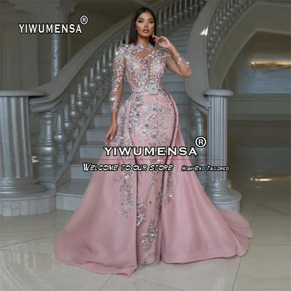 Rose Elegant Beaded Mermaid Prom Dress With Overskirt 2 In 1 Glitter Sequins Appliques Full Sleeves Evening Party Gowns Custom