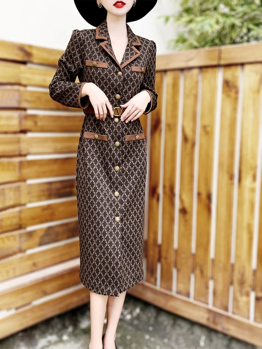 Autumn 2023 and Winter New Print Dress Feminine Retro Premium Lace-up Slim Contrast Panel Suit Collar