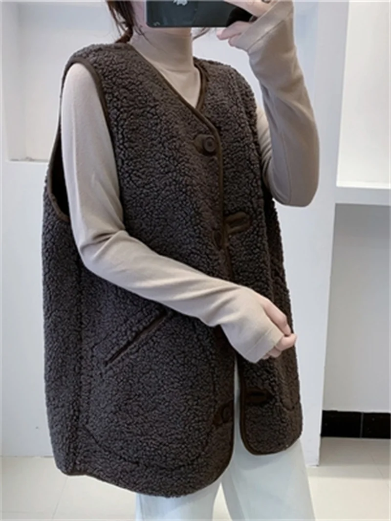 Lamb Wool Vest Female 2022 Spring and Autumn Fur One Loose Plush Korean Version of The Sleeveless Vest Trend Solid Color Commute