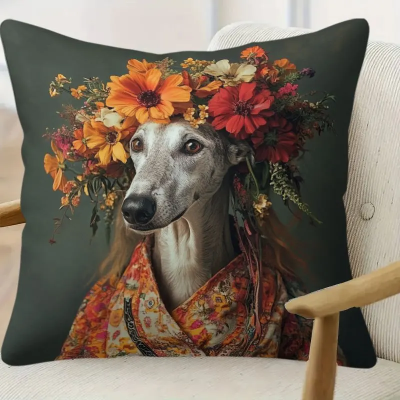 1pc Whippet Dog With Flower Wreath Double‑Sided Print Pillow Cover, Cushion Case for Sofa Bedroom, Insert Not Included