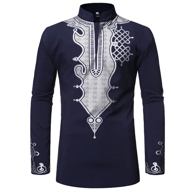 Chemise à col montant à manches longues pour hommes, style africain traditionnel, Dashiki, tendance Bazin Riche, robe imprimée, vêtements de chef africain