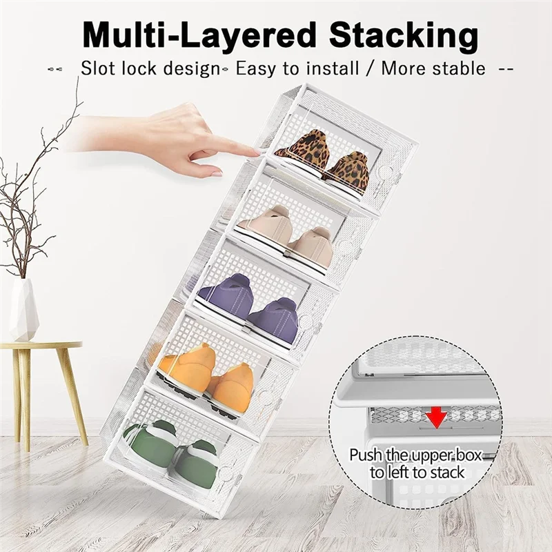 

Shoe Storage Box, Clear Transparent Shoe Storage Boxes Hard Plastic Stackable Organiser Containers Bins Reusable Durable White