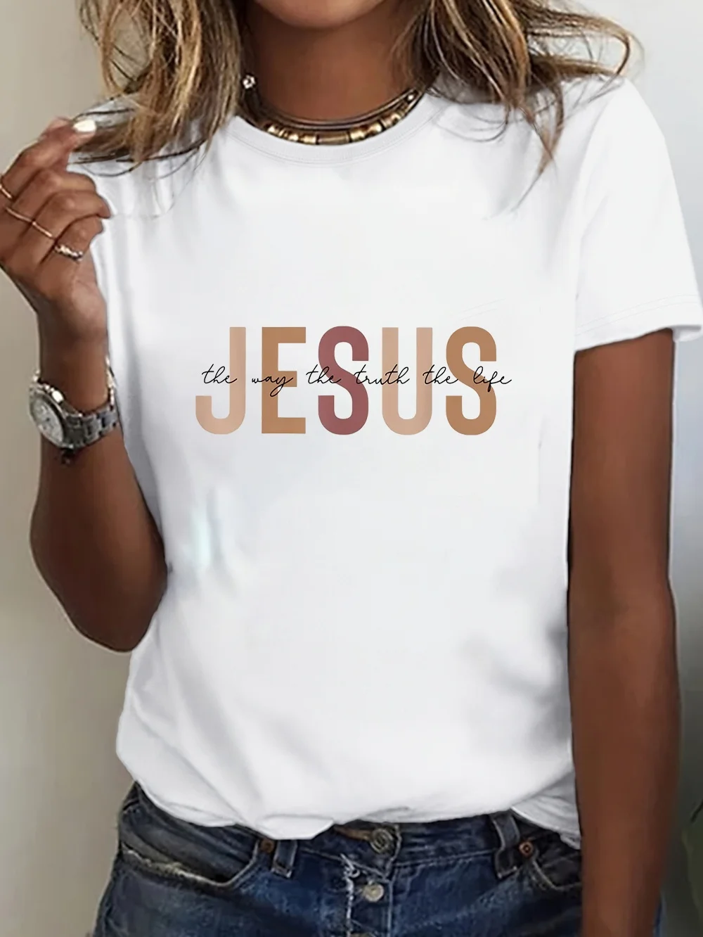 Retro Christian T-shirt Jesus The Way The Truth The Life Short-sleeved Vintage Versatile Crew Neck Top for Daily Casual Wear