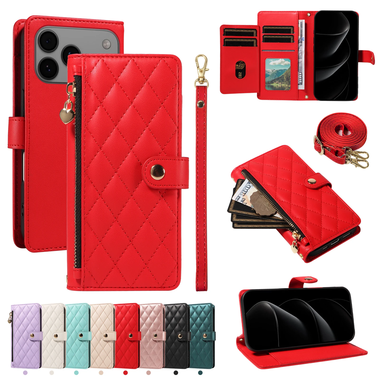 

Crossbody Wallet Case For iPhone 17 16 Pro Max 15 14 13 12 11 XR XS ,Zipper Flip Leather Card Stand Cover Protective Skins Strap