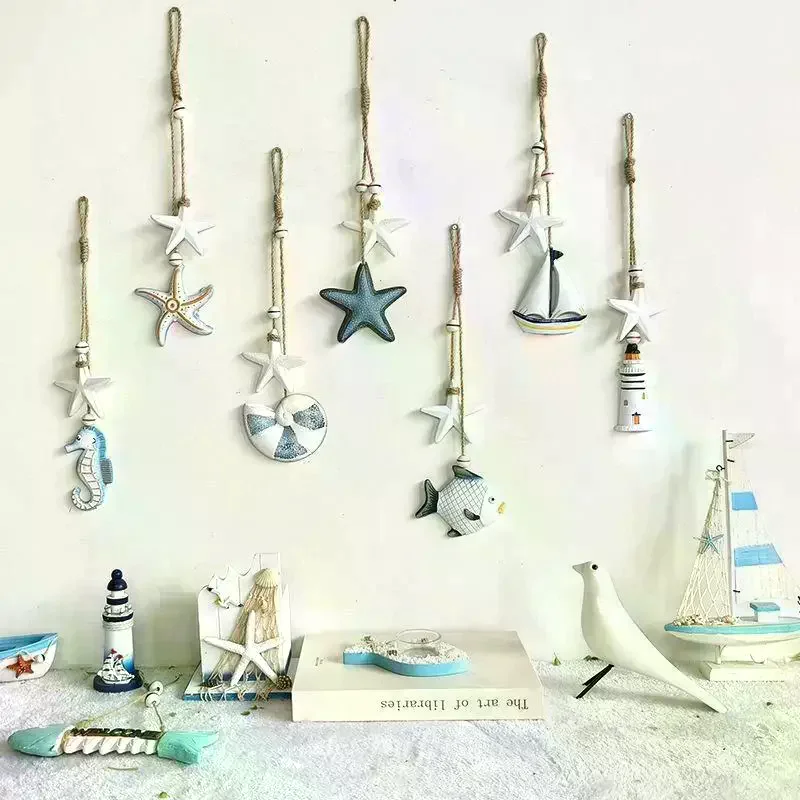 Mediterranean Style Wooden Ocean Animal With Jute Rope Wall Pendants Home Decoration For Nautical Themed Eco-Friendly Ornament
