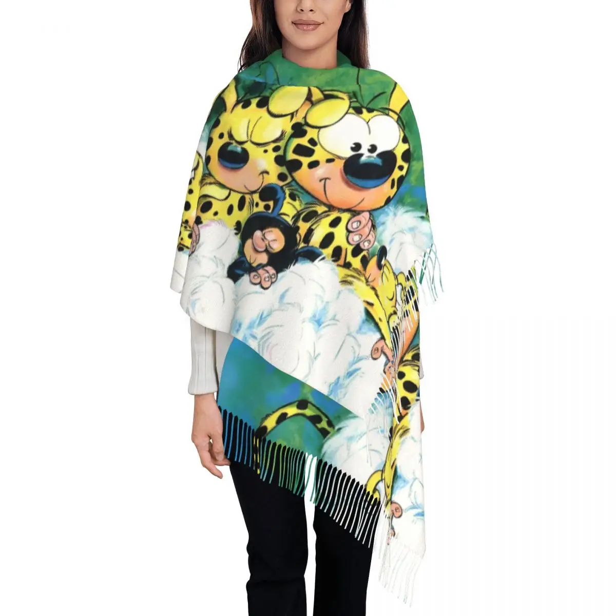 

Lady Large Cute Marsupilami Scarves Women Winter Soft Warm Tassel Shawl Wraps Avec Sa Famille Endormie Scarf