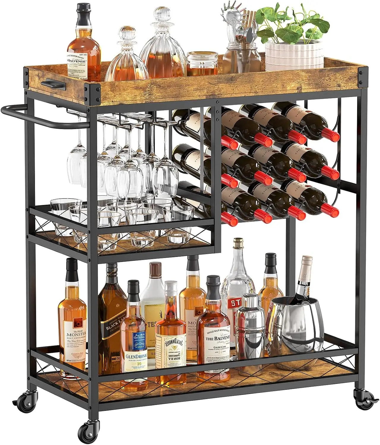 Bar Cart, Home Bar Serving Cart, 3 Tier Drink Cart With 12 Wine Bottle Racks, Liquor Beverage Cart, 30 X 15.7 X 36.6 Inch