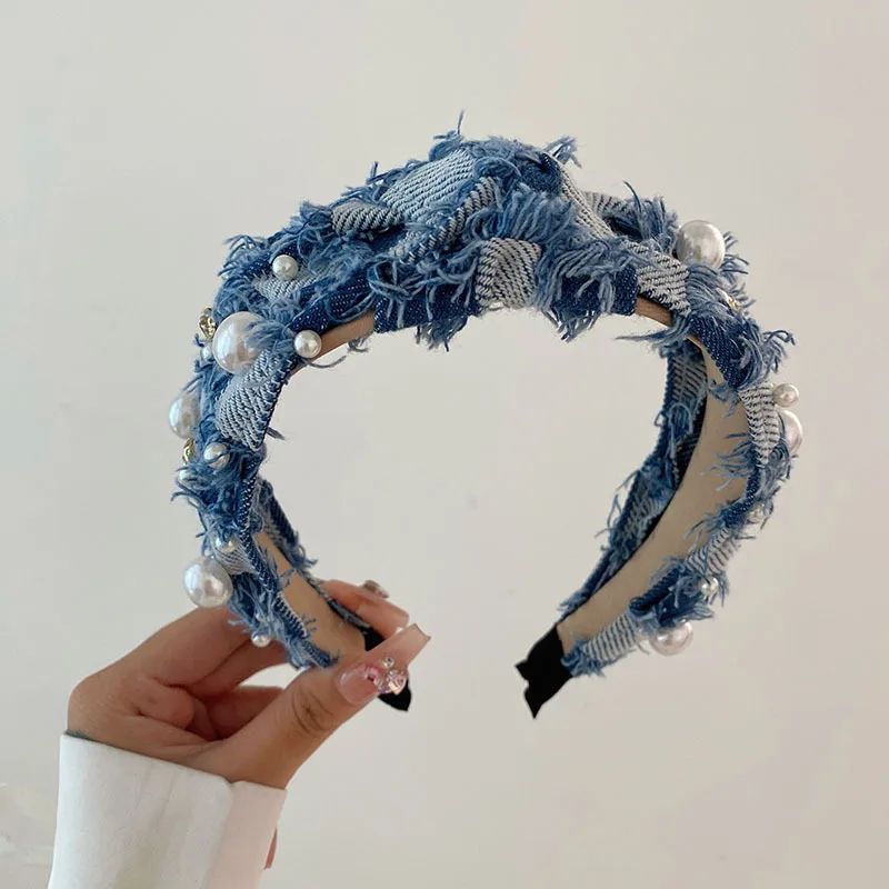 New Denim Headband Pearls Women Korean Style Hair Ornament Wide Hairband Top Bow Knotted Head Band Brand Fashion Headwear