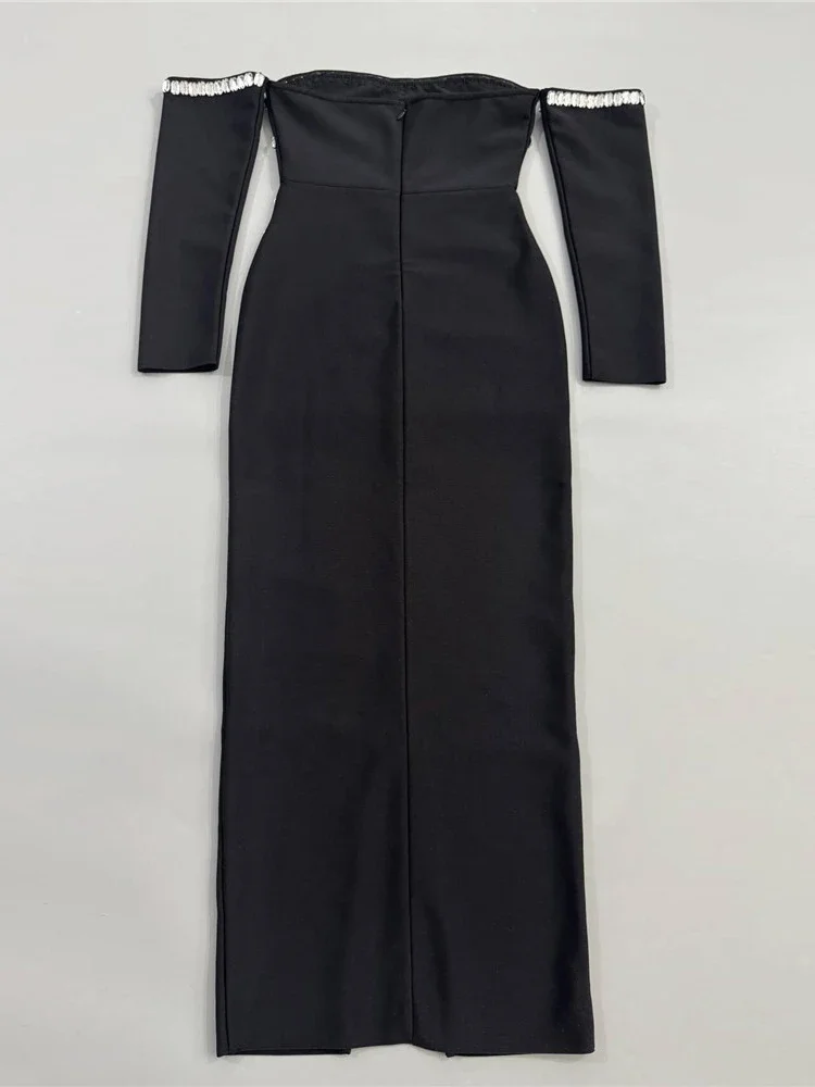 Sexy épaules nues diamants perles robe de pansement femmes noir manches longues cristal moulante longues robes robes de soirée