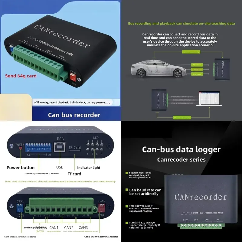 for CAN Bus Data Memory CANFD Recorder Offline Recording Playback Relay Real Time Storage to TF Card