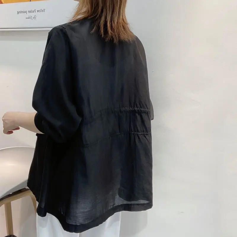 Adjustable Waist Feature V-neck Pockets Button Coats Spring Summer Thin Loose Three Quarter Sleeve Women\'s Clothing 2023 Solid