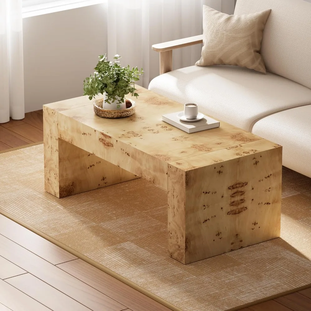

Modern Burl Wood Coffee Table with Thick Legs for Rectangular Living Room, Elegant and Sturdy Design