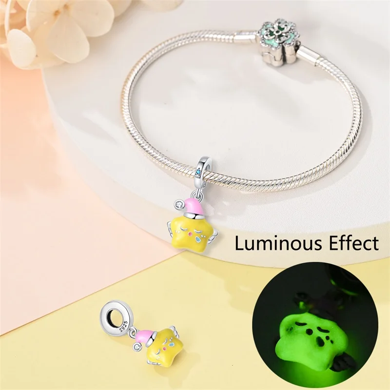 Nightglow Star Moon Silver Charms Beads, DIY Gift