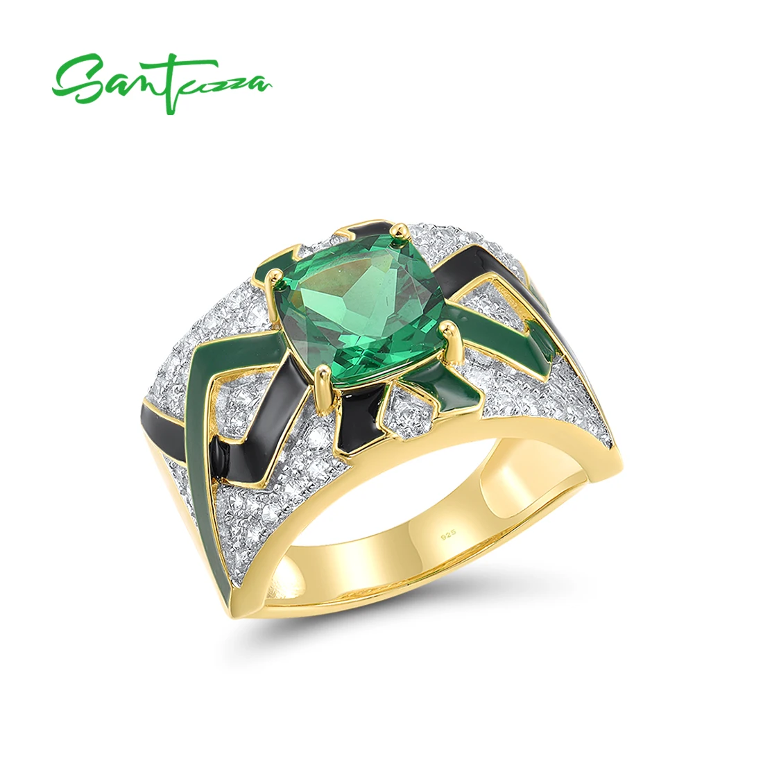 

SANTUZZA Real 925 Sterling Silver Rings For Women Sparkling Green Spinel Grand Enamel Innovative Party Wedding Sets Fine Jewelry