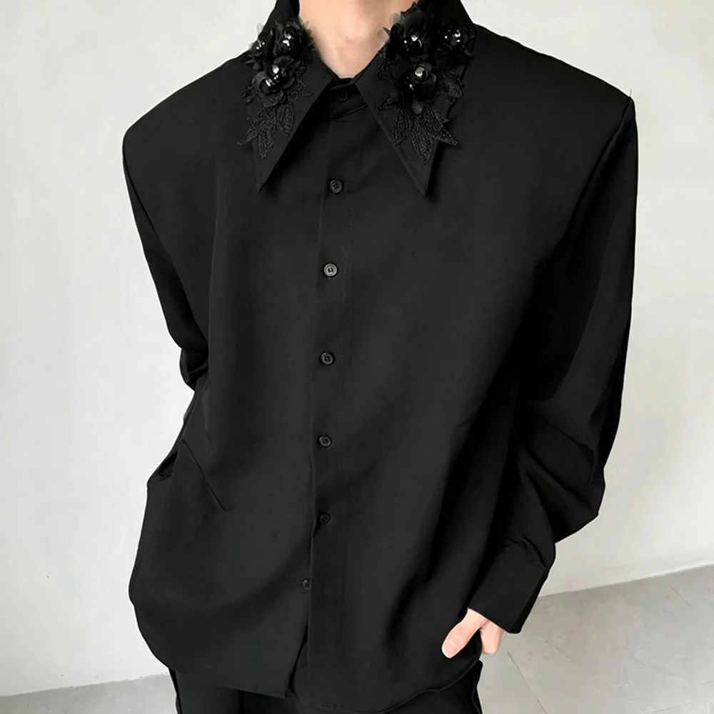 Mens Collar Applique Padded Shoulder Casual Shirt Streetwear Fashion Youth Outdoor Versatile Niche City Boy Statement Top 2026