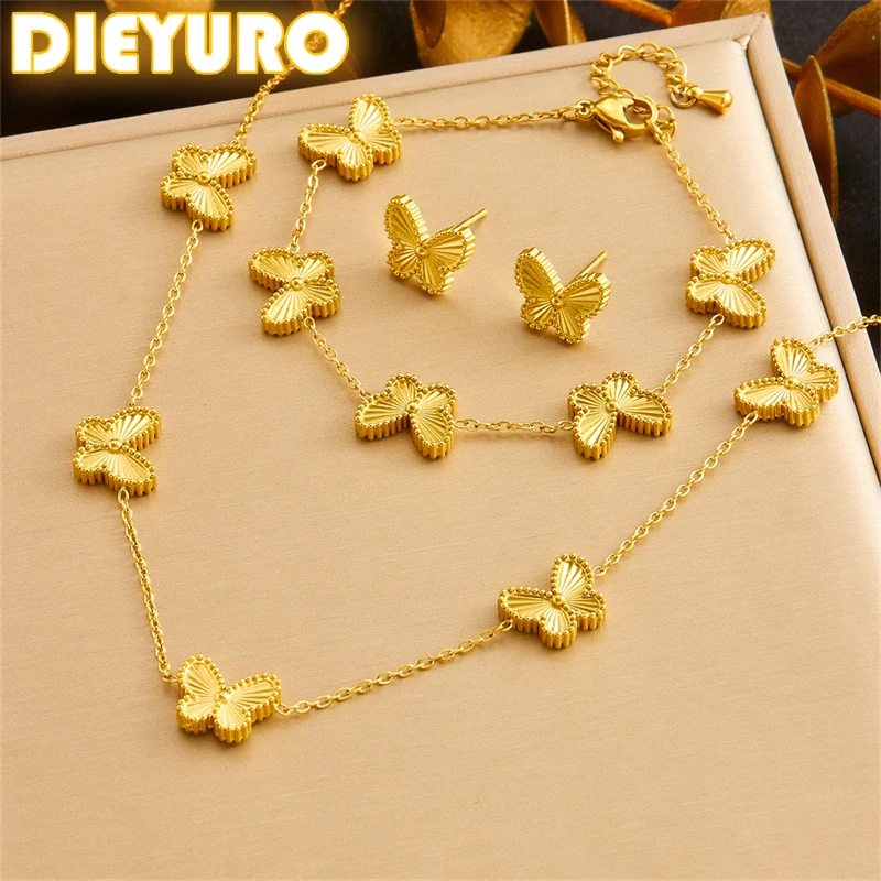 DIEYURO 316L Stainless Steel Golden Luxury Laser Butterfly Necklace Earrings Bracelet Suit Girl New 2024 Trend Jewelry Gift Set