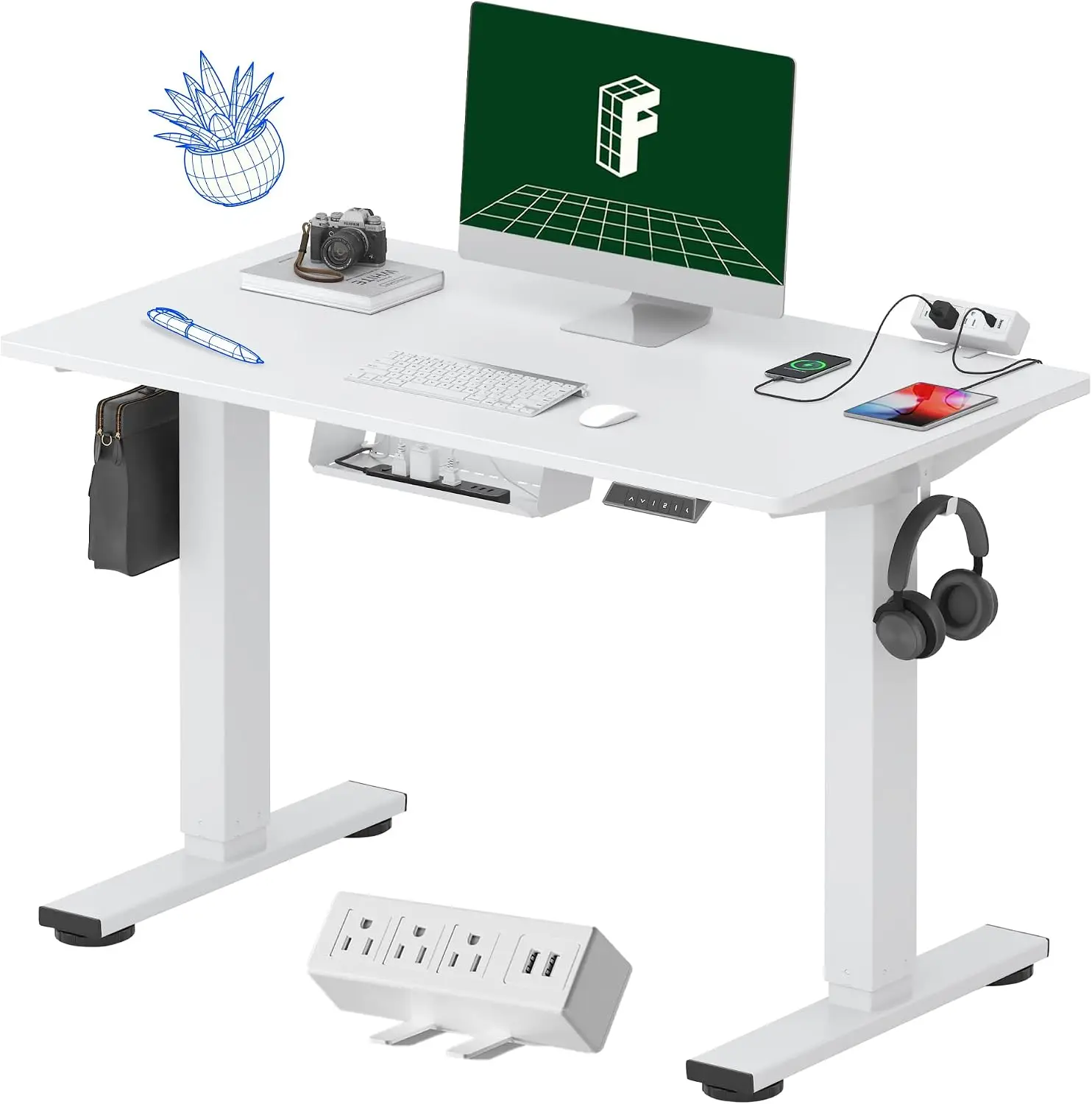 40 Inch 24 Inch Whole Piece Standing Desk With Power Strip White Desktop Clamp Access Cable Management Modern Home Office Setup