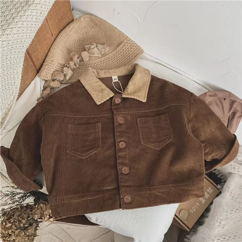 New Spring Fall Kids contrast color lapel jackets Boys soft loose corduroy Coat Girls casual outerwear