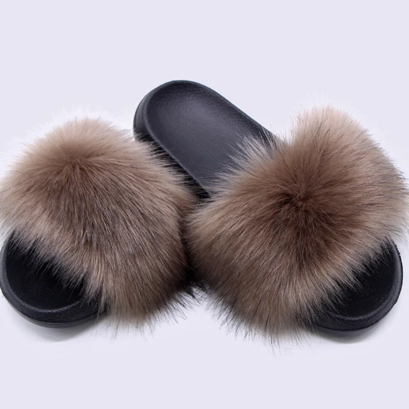 Damen Kunstfell-Slipper Flauschige Offene Pantoffeln für Drinnen und Draußen Lässige Flache Sandalen Luxuriöse Pelzige Slides für Damen – Detail 4