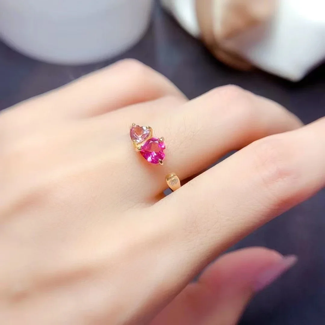 Romantic Heart Gemstone Ring for Party VVS Grade Natural Pink Topaz and Tourmaline Jewelry  Brithday Gift for Girlfriend