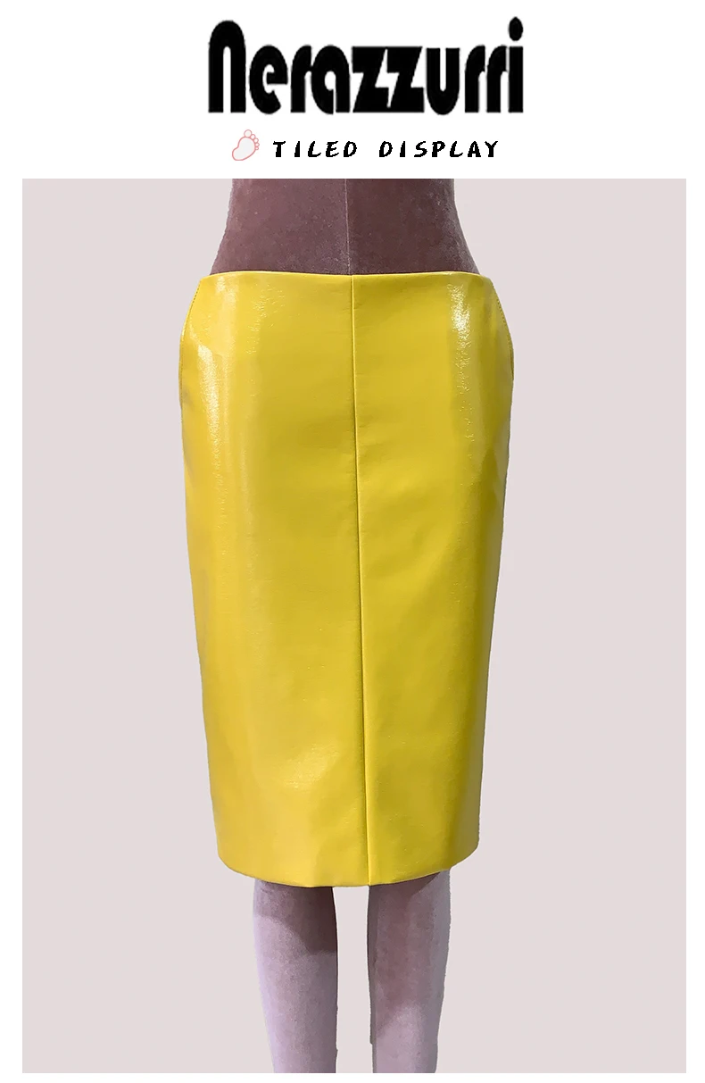 Mauroic Spring Summer Shiny Reflective Bright Yellow Faux Leather Pencil Skirt Women with Back Slit High Waist New Arrivals 2025