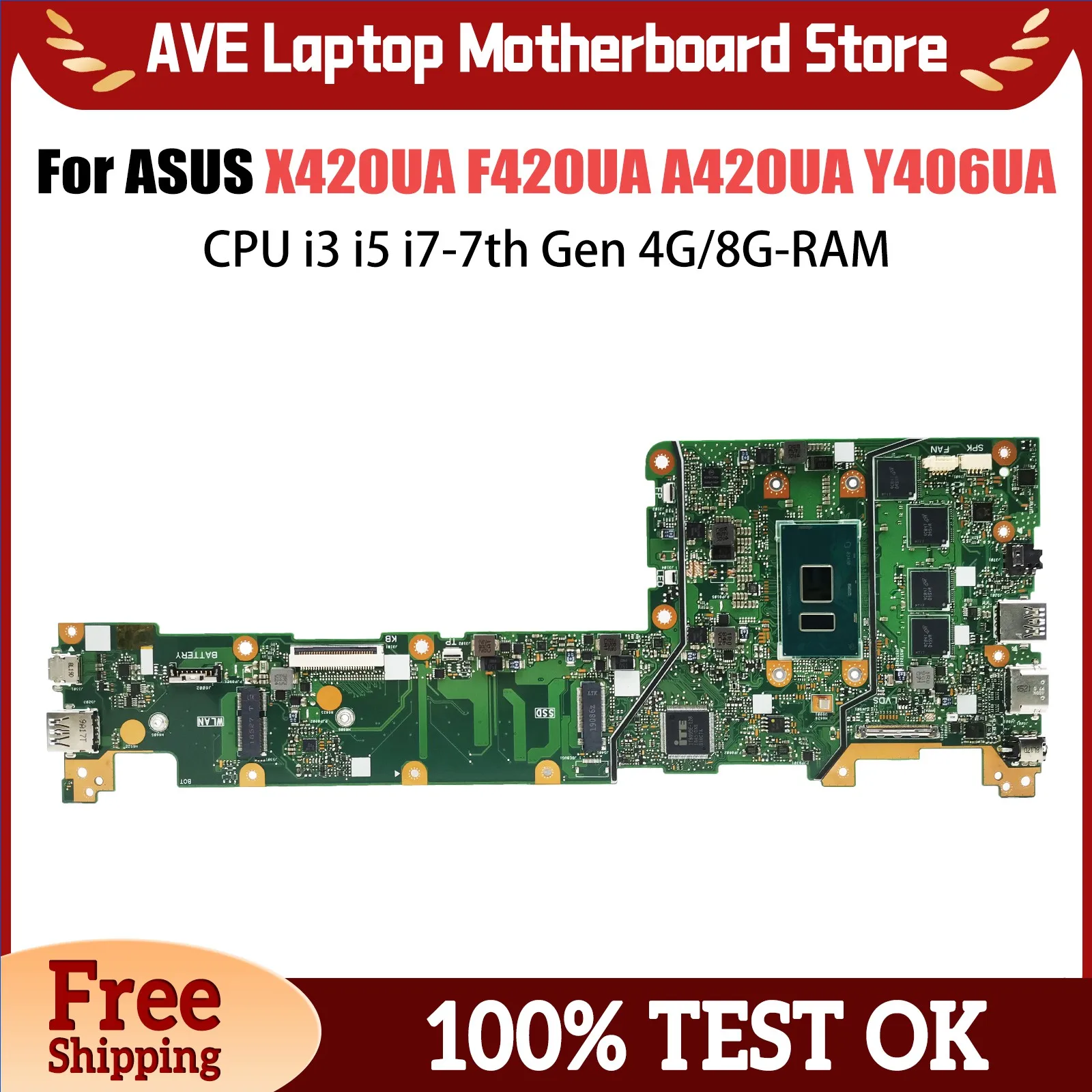 Placa-mãe portátil para Asus Vivobook, Notebook Mainboard, X420UA, Y406UA, X420U, CPU i3, i5, i7-7th Gen, 4G, 8G RAM