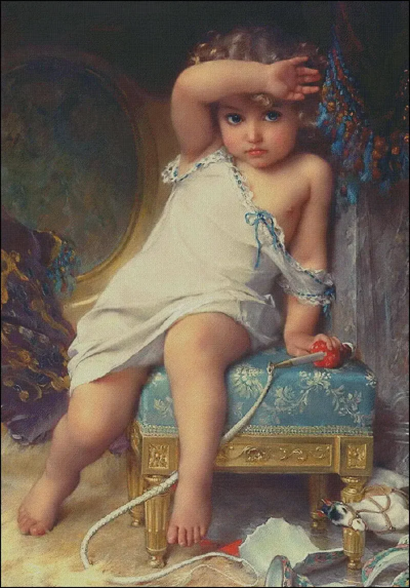 [ZZ2967-Oil Painting Children on a Short Stool] Stamped Cross Stitch Kit 11/14/16CT Printed Canvas Cotton Threads DIY Embroidery
