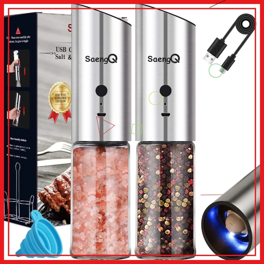 

USB Rechargeable Electric Salt and Pepper Grinder Set with Adjustable Coarseness and LED Light, Tall Glass Design