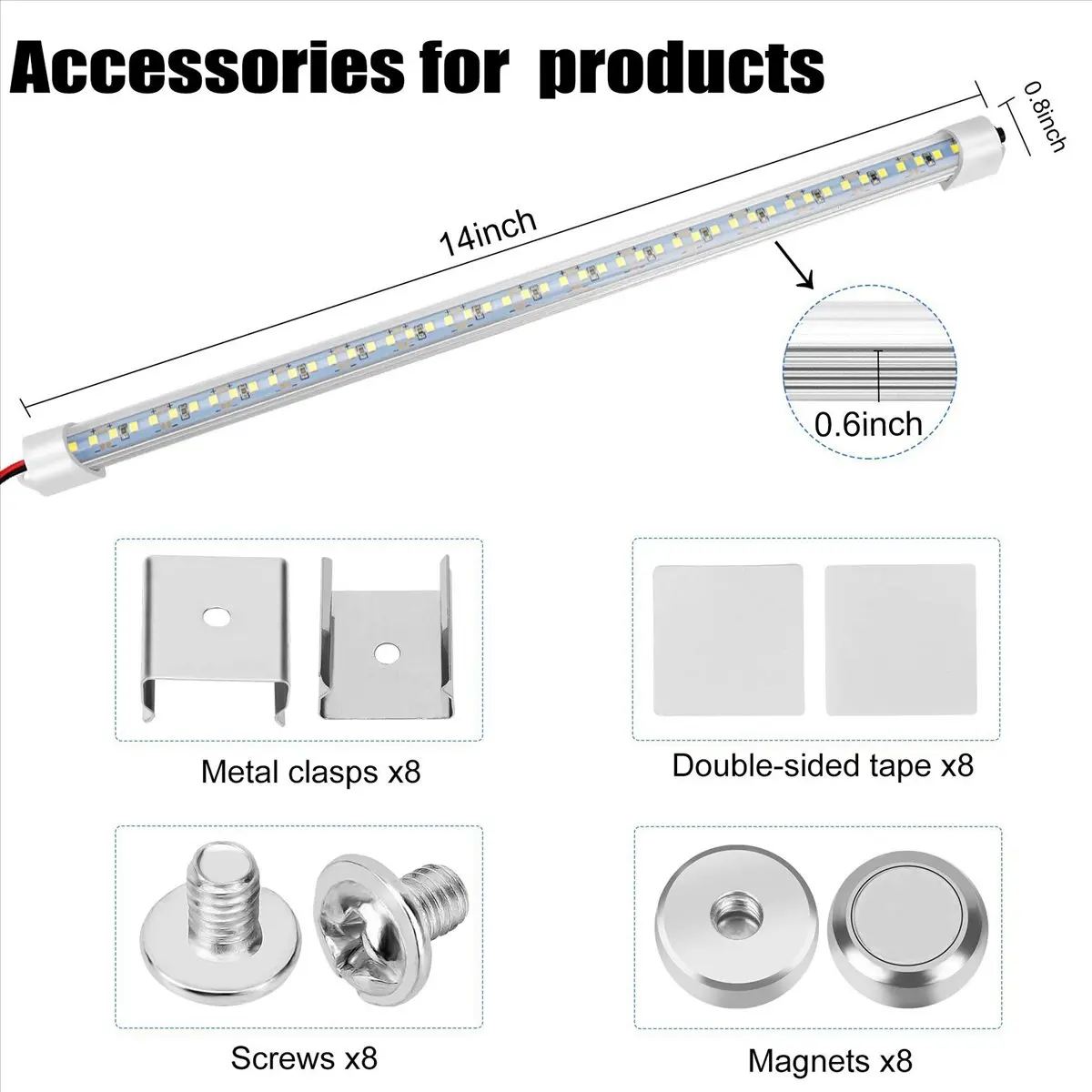 Lively- 8x 12V Interior LED Light Bar 48 LEDs Strip Lights with Switch and Magnets 6500K White Light for Car Van RV with US Plug