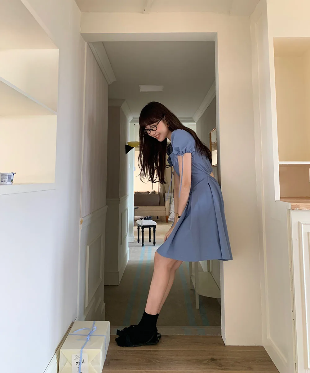 Vestido de manga bufante com cintura elástica e cadarço estilo coreano, vestido elegante feminino