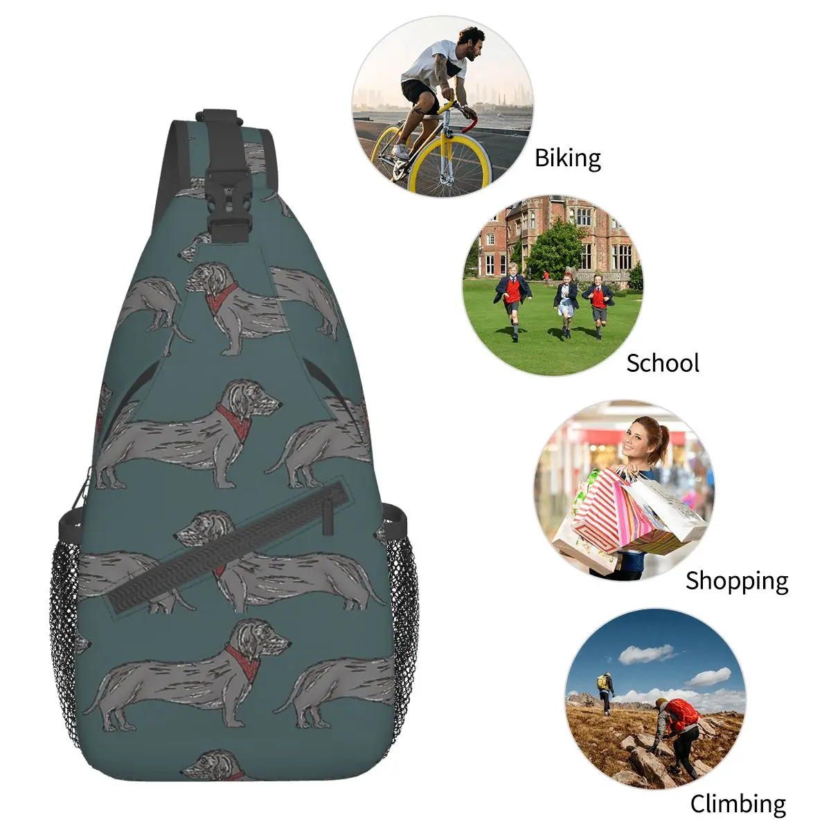 Wire Dachshund Chest Sling Bags, Mochila de Ombro Crossbody, Caminhadas, Mochilas de Viagem, Cool Pack, Dog Lover, Cool Pack