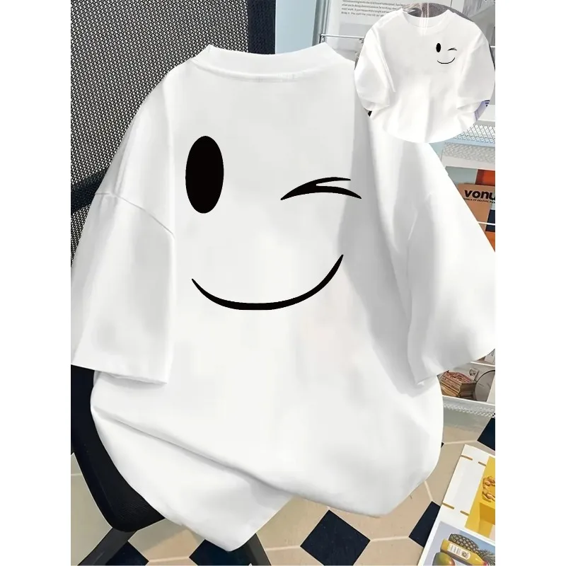 Women's Printed Short-Sleeve T-Shirt Wink Smiley Face Women's Spring/Summer Trendy Printed Round-Neck Cotton Casual T-Shirt