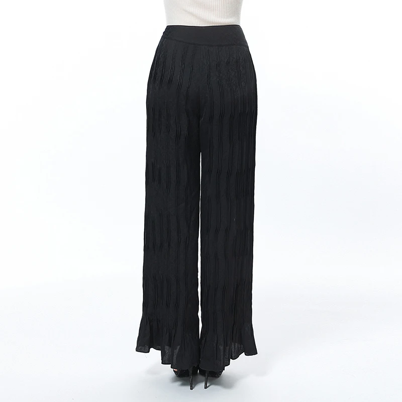 Silk Jacquard Mysterious Black Pants for Women Natural Waist Asymmetric Design Wavy Fold Loose Straight Trousers KE513