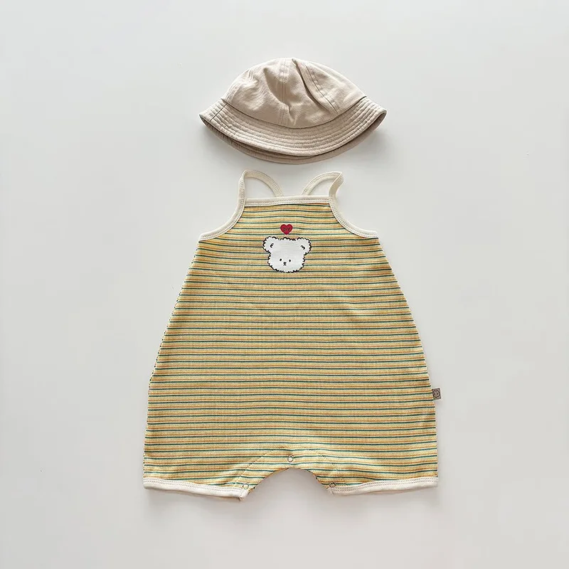 

2026 Summer New Baby Sleeveless Sling Bodysuit Infant Boy Girl Cute Bear Print Striped Jumpsuit Cotton Toddler Clothes 0-24M