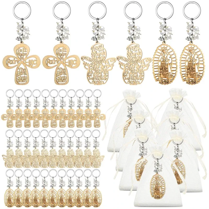 10 Uds. Favores de bautismo invitados Cruz llavero de madera bolsas de Organza Baby Shower regalos de cumpleaños llavero bautizo boda fiesta