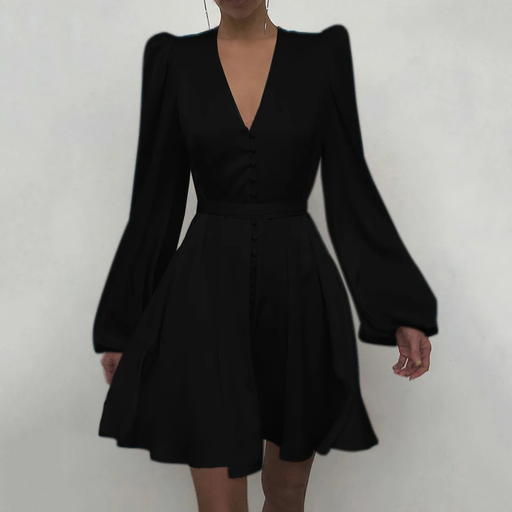 Elegante vestido de fiesta rojo para mujer, vestido Midi de satén con cuello en V, botones de manga larga, línea A, sólido, otoño