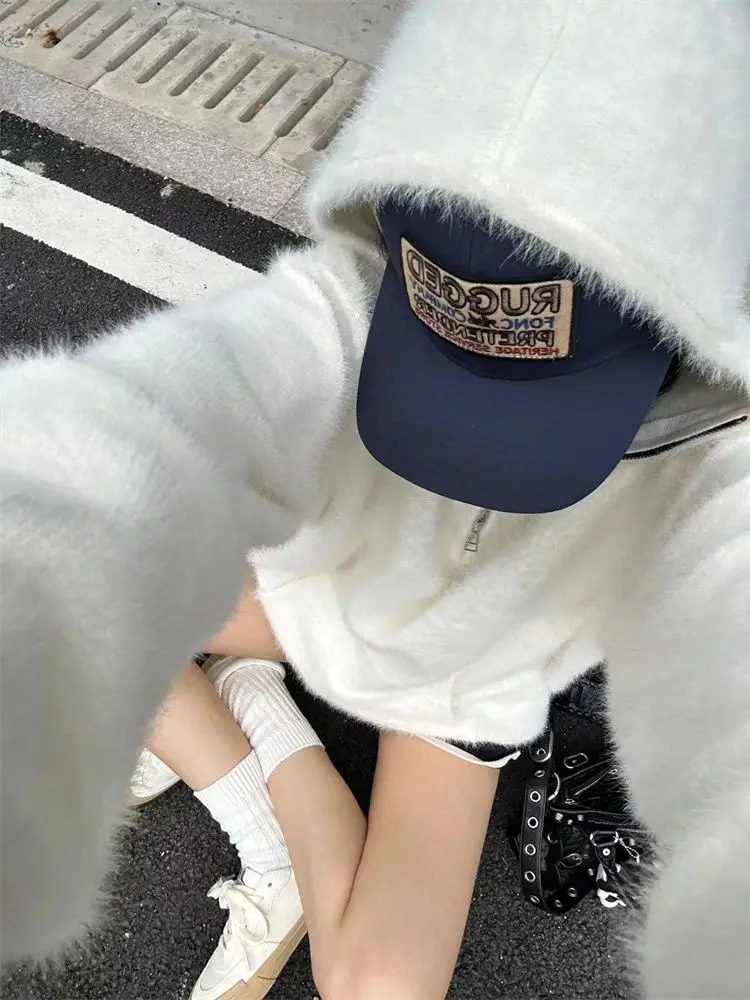 Deeptown White Mohair Hooded Sweaters Women Casual Oversized Zipper Knitted Pullovers Korean Style Long Sleeve Jumper Streetwear