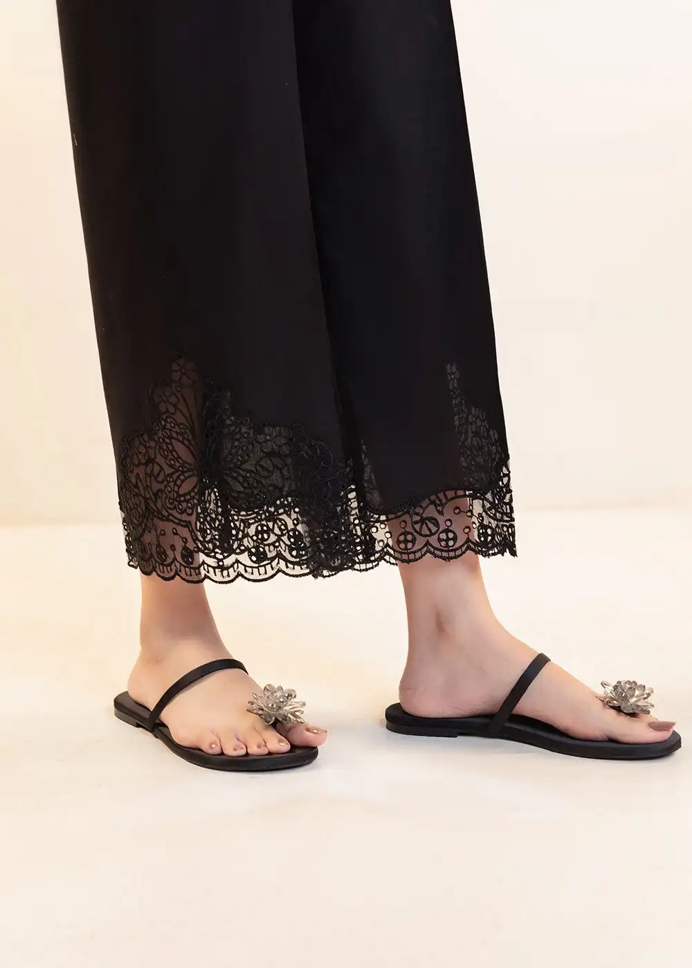 Pakistan Women's 100% Cotton Black Hollow out Summer Pants Comfortable Breathable Solid Color Wide Leg Trousers